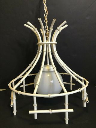 Faux Bamboo Vintage Hollywood Regency Mid Century White Tole Metal Chandelier