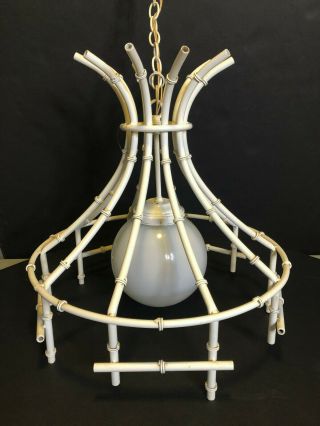 Faux Bamboo Vintage Hollywood Regency Mid Century White Tole Metal Chandelier 2