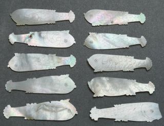 10 Antique Mother Of Pearl Gaming Counters Hand Carved Engraved Dove Fish (a5)