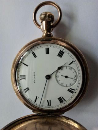 Antique Pocket Watch.  Waltham Traveler.  114 Y.  O.  Full Hunter Gold Plated Case.
