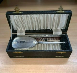 1950 Sterling Silver Art Deco Style 2 - Piece Hallmarked Engine Turned Vanity Set