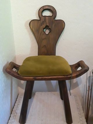 Antique Vtg Birthing Chair Stool Hand Carved W/ Cushion Primitive Baby Gift