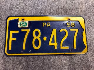 1958 Pennsylvania License Plate - Orange On Blue - F78 - 427