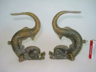 Pair Vintage Heavy Brass Dolphin Figural Hardware Bracket Mounts