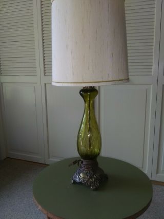2 Mid Century Modern Green Glass Table Lamp Vintage 1960 