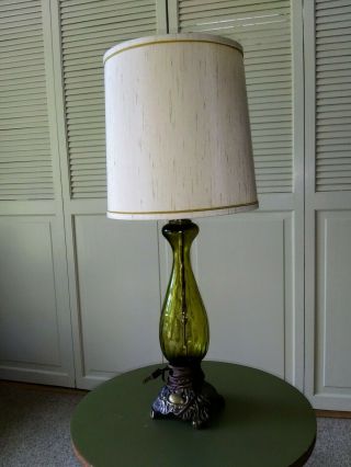 2 Mid Century Modern Green Glass Table Lamp vintage 1960 ' s Brass base 2