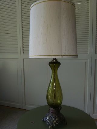 2 Mid Century Modern Green Glass Table Lamp vintage 1960 ' s Brass base 3