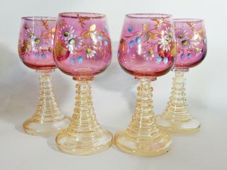 Antique Victorian Set Of 4 Four Roemer Rummer Wine Glasses Ruby Iridescent Stem