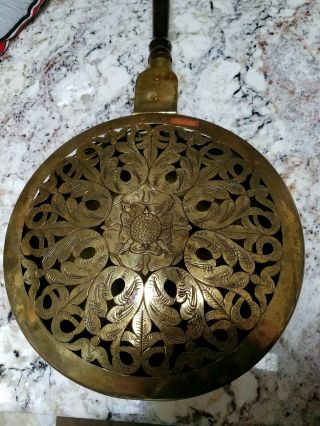 Vintage Bed Warmer 42 " Copper Brass With Turned Wood Handle 12 Inch Diameter