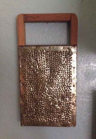 Large Early Old Antique Hand Punched Gold Tin Grater Hanging Handle Aafa