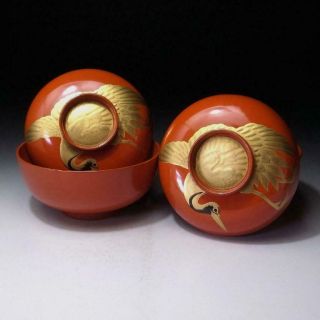 6k2: Vintage Japanese Lacquered Wooden Covered Bowls,  Gold Makie,  Crane