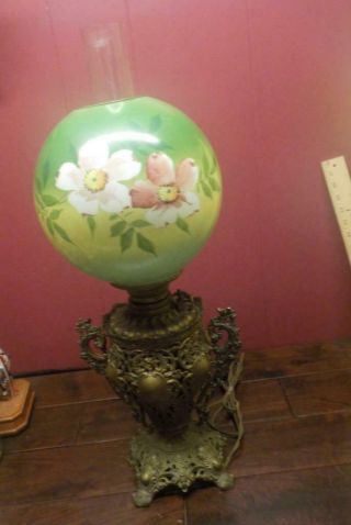 Vintage Gone With The Wind Lamp With Hand Painted Globe Ornate Brass Base