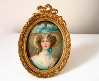 Antique Victorian French Ormolu Gilt Bronze Frame Lady Portrait Miniature