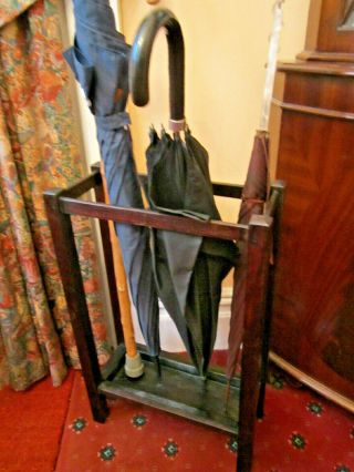 Old Antique Edwardian Oak Wood Umbrella Walking Stick Stand Drip Tray