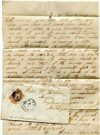 1864 Letter & Envelope John Campbell Bristol Centre Ny Jesse W Ketchum Mason Mi