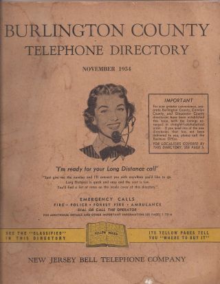 November 1954,  Nj Bell Telephone Directory For Burlington County Nj