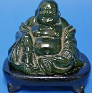 Carved Jade Style Chinese Buddha On Wooden Stand - L@@k