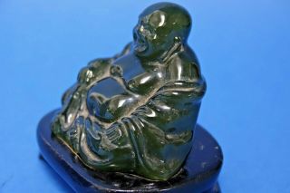 CARVED JADE STYLE CHINESE BUDDHA ON WOODEN STAND - L@@K 2