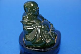 CARVED JADE STYLE CHINESE BUDDHA ON WOODEN STAND - L@@K 4