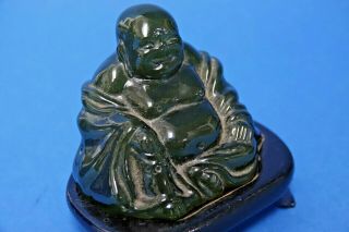CARVED JADE STYLE CHINESE BUDDHA ON WOODEN STAND - L@@K 5