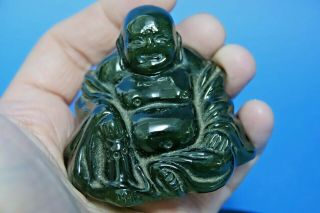 CARVED JADE STYLE CHINESE BUDDHA ON WOODEN STAND - L@@K 6