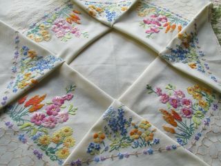 Vintage Hand Embroidered Linen Tablecloth - Plump Flowers