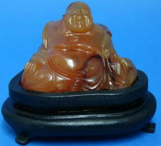 Carved Agate ? Chinese Buddha On Wooden Stand - L@@k