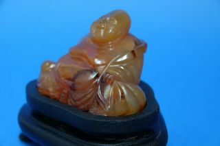 CARVED AGATE ? CHINESE BUDDHA ON WOODEN STAND - L@@K 2