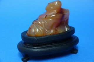 CARVED AGATE ? CHINESE BUDDHA ON WOODEN STAND - L@@K 3