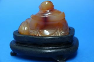 CARVED AGATE ? CHINESE BUDDHA ON WOODEN STAND - L@@K 4