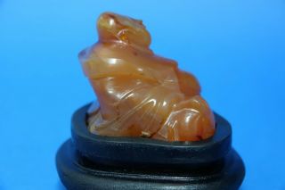 CARVED AGATE ? CHINESE BUDDHA ON WOODEN STAND - L@@K 5