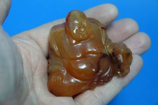 CARVED AGATE ? CHINESE BUDDHA ON WOODEN STAND - L@@K 6