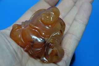 CARVED AGATE ? CHINESE BUDDHA ON WOODEN STAND - L@@K 7