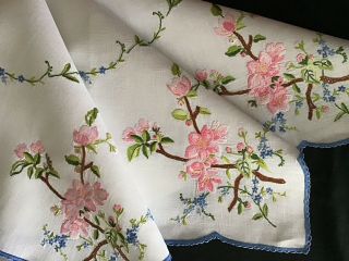 Vintage Linen Hand Embroidered Tablecloth Pink Blossoms & Forget Me Nots