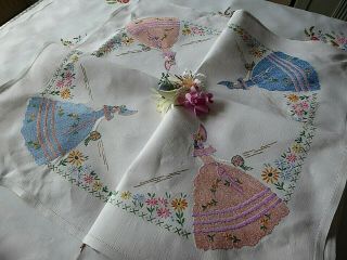 Vintage Hand Embroidered Tablecloth/ Exquisite Crinoline Ladies