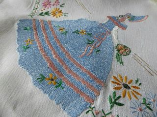 VINTAGE HAND EMBROIDERED TABLECLOTH/ EXQUISITE CRINOLINE LADIES 4