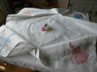 VINTAGE HAND EMBROIDERED TABLECLOTH/ EXQUISITE CRINOLINE LADIES 6