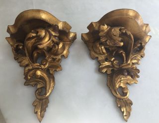 Vintage Set Of Two Ornate Wall Sconces; Japan Gold - Washed; Nicely Carved Euc