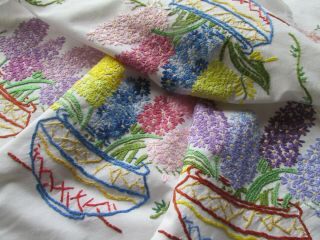 Vintage Hand Embroidered Linen Tablecloth - Hyacinth Flowers