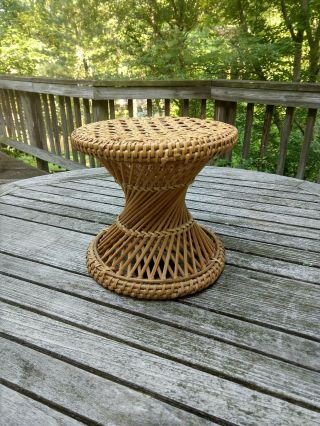 Mid Century Vintage Cane Wicker Bamboo Woven Footstool Plant Stand