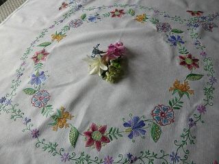 Vintage Hand Embroidered Linen Tablecloth Embroidered Jacobean/arts&crafts Style