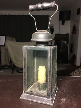 Antique Candle Lantern 19th Century Tin 3 Window Wood Handle Primitive