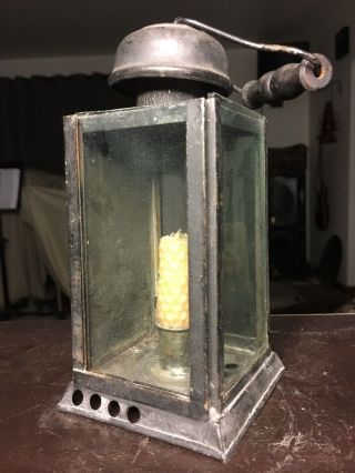 Antique Candle Lantern 19th Century Tin 3 Window Wood Handle Primitive 2