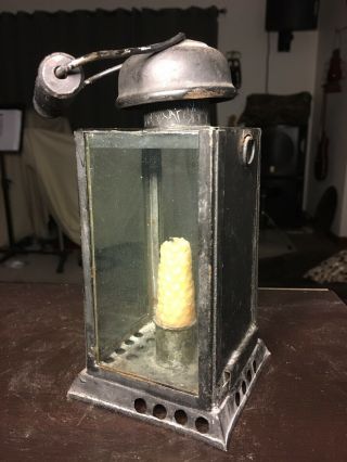 Antique Candle Lantern 19th Century Tin 3 Window Wood Handle Primitive 4