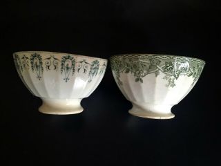 Two Antique French Green & White Café Au Lait Bowls - Coffeeware Tableware