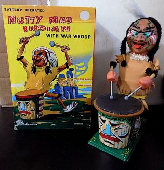 Vintage Tinplate Battery Operated Nutty Mad Indian Toy,  Marx Toys,  Japan,  Vgib