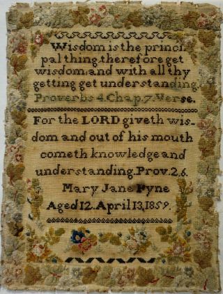 Mid 19th Century Biblical Quotation Sampler By Mary Jane Pyne Aged 12 - 1859