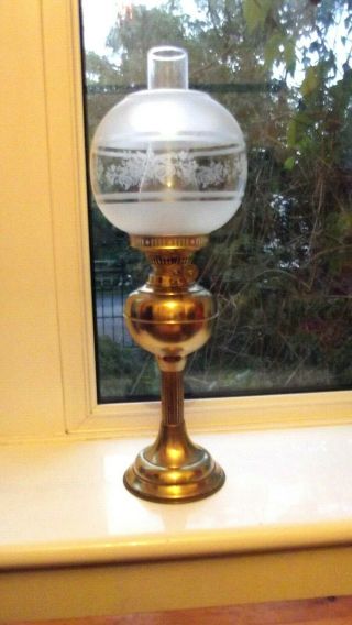 A Vintage Brass Oil Lamp With Etched Shade Duplex Twin Burner Order