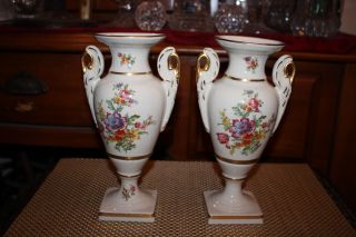 Pair Antique Porcelain Vases - White With Gold Trim - Painted Flowers - Marked 9509