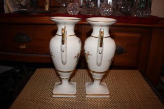 Pair Antique Porcelain Vases - White With Gold Trim - Painted Flowers - Marked 9509 4